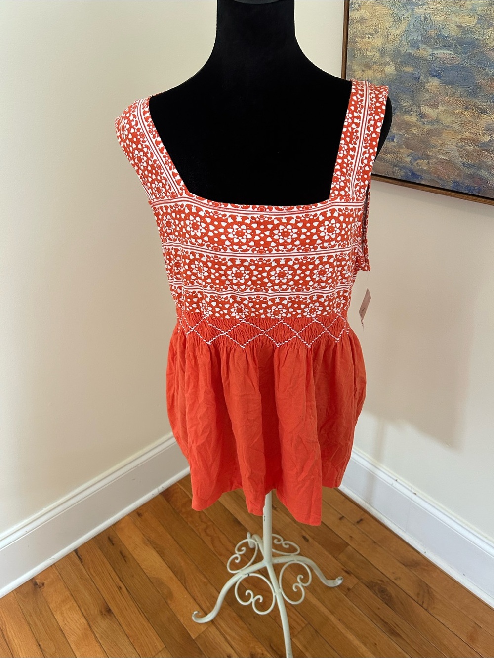 Style & Co Square Necked Mocked Baby Doll Tank Orange White Womans Size XL NWT